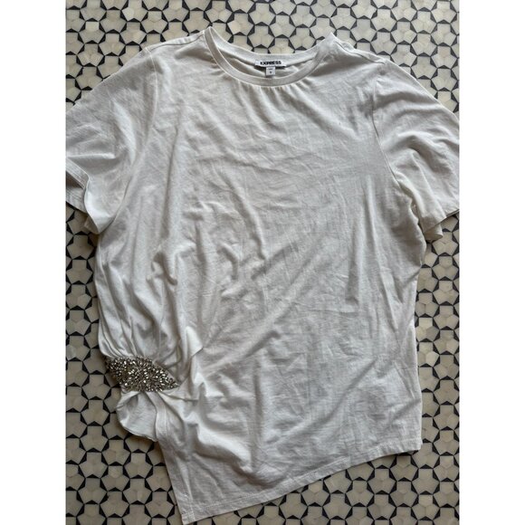 Express White Embellished T-Shirt With Rhinestone Detail Size L 100% Cotton - Picture 6 of 9